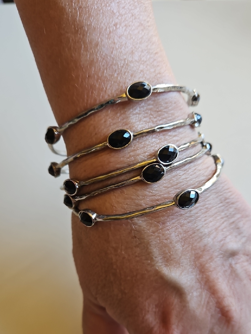 Stackable Silver-Tone Bracelets with Black Faceted Faux Gemstones Set Of 5